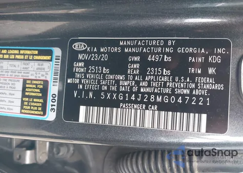 2021 Kia K5 Lxs z USA, uszkodzony, nr VIN 5XXG14J28MG047221